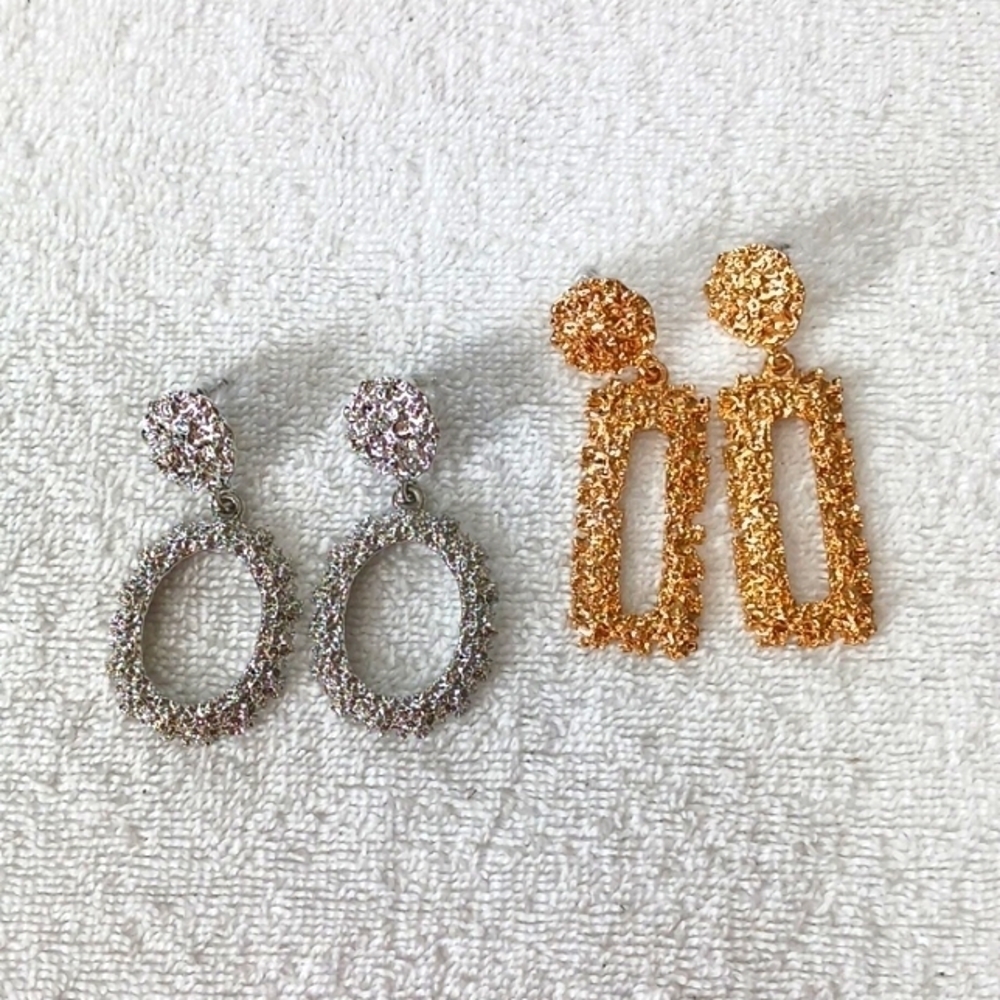 WOMEN'S Geometric Chunky Drop Silver and Gold Earring Set. Set of 2.